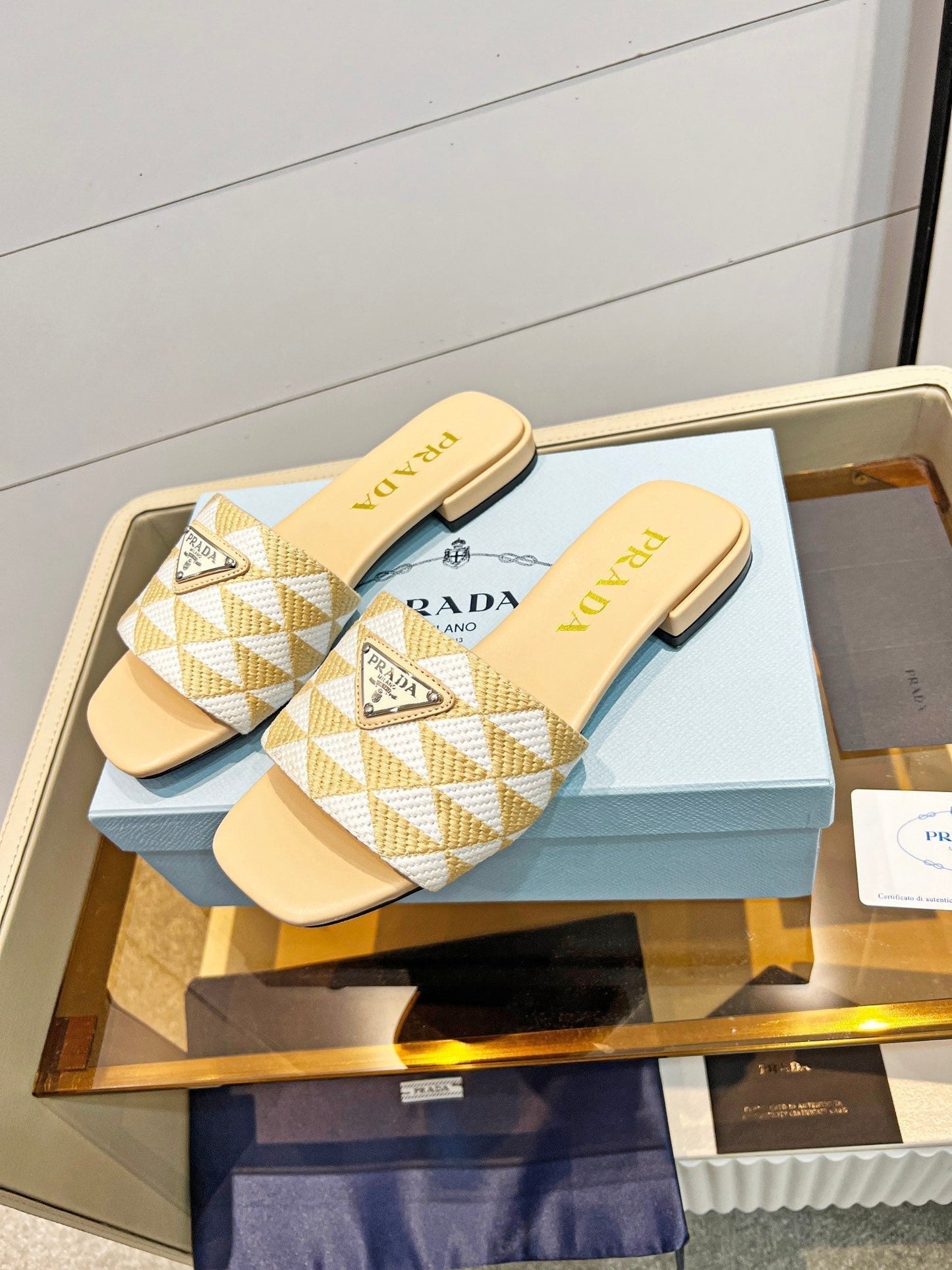 PRA EMBROIDERED SLIDES FLAT BEIGE FABRIC