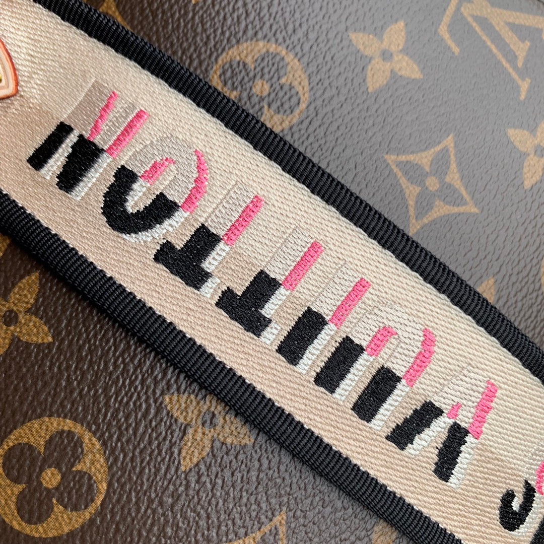 CLUNY MM HANDBAG 28 IN BROWN MONOGRAM CALFSKIN BEIGE BLACK EMBROIDERED LOGO CANVAS