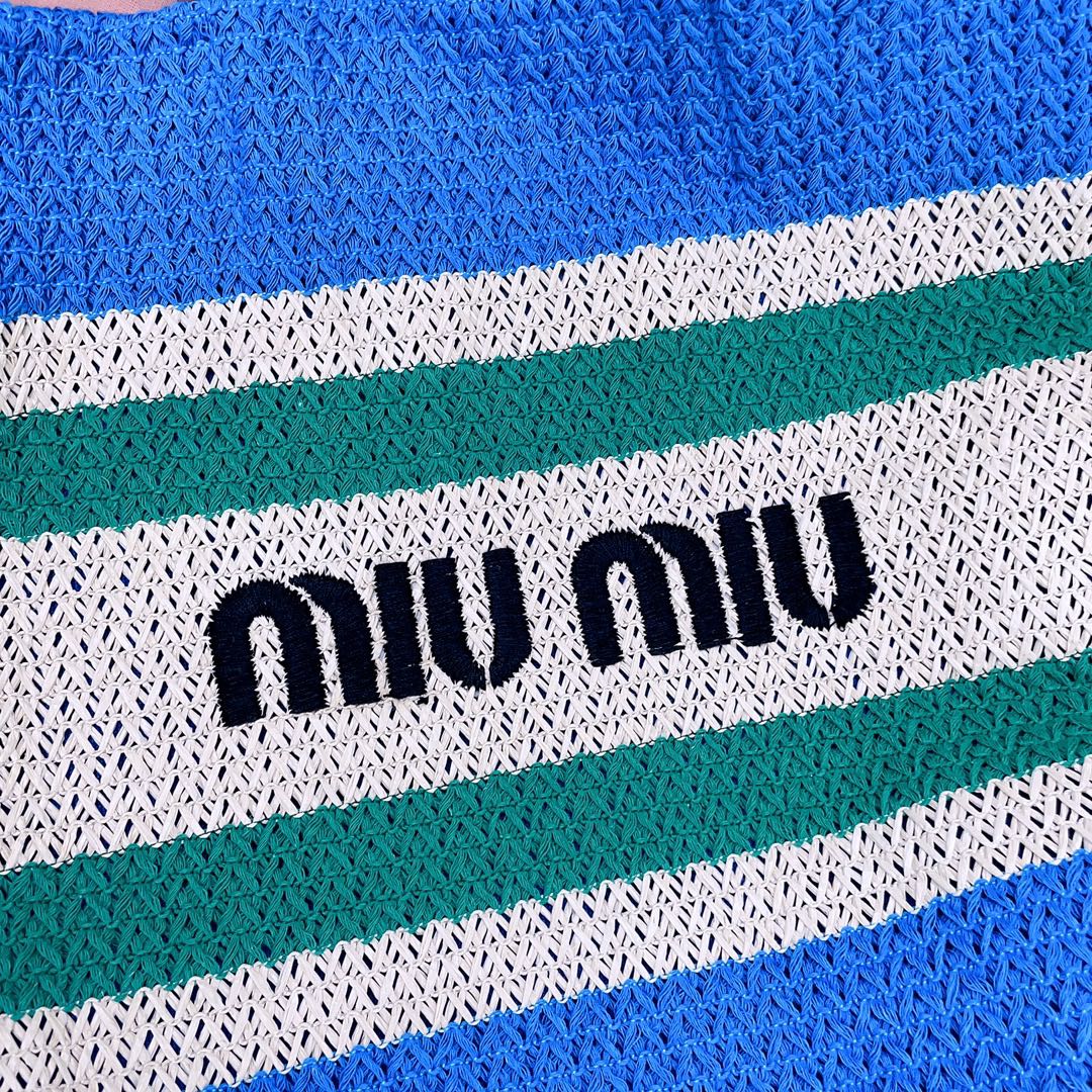 TOTE BAG 40 IN STRIPED PATTERN OF BLUE GREEN AND CREAM WHITE WOVEN RAFFIA