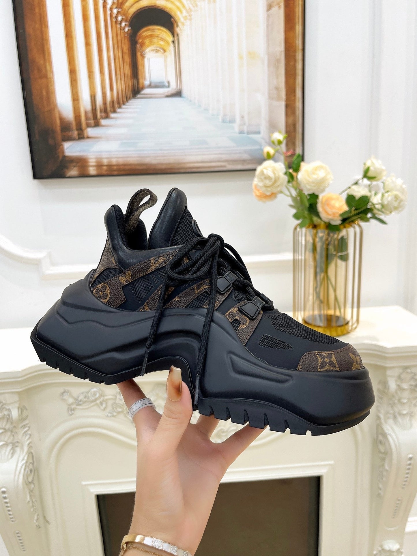 LV ARCHLIGHT 2.0 PLATFORM SNEAKER IN BLACK MIX CHOCOLATE BROWN MIX OF MATERIALS