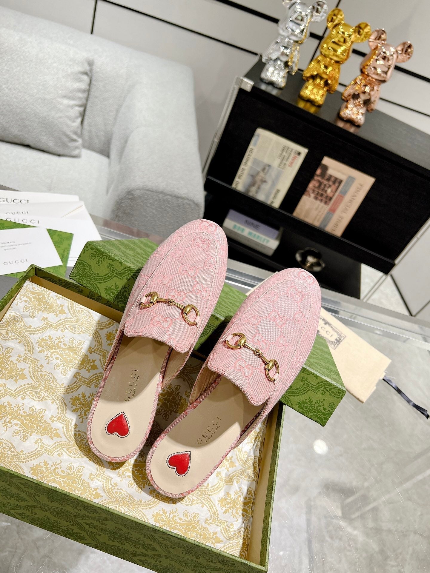 MEN'S MULE WITH HORSEBIT IN PINK PASTEL MONOGRAM JACQUARD FABRIC