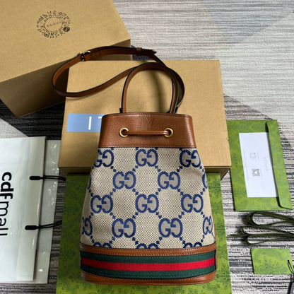 GG OPHIDIA SMALL 26 BUCKET BAG IN BEIGE CANVAS AND BROWN CALFSKIN