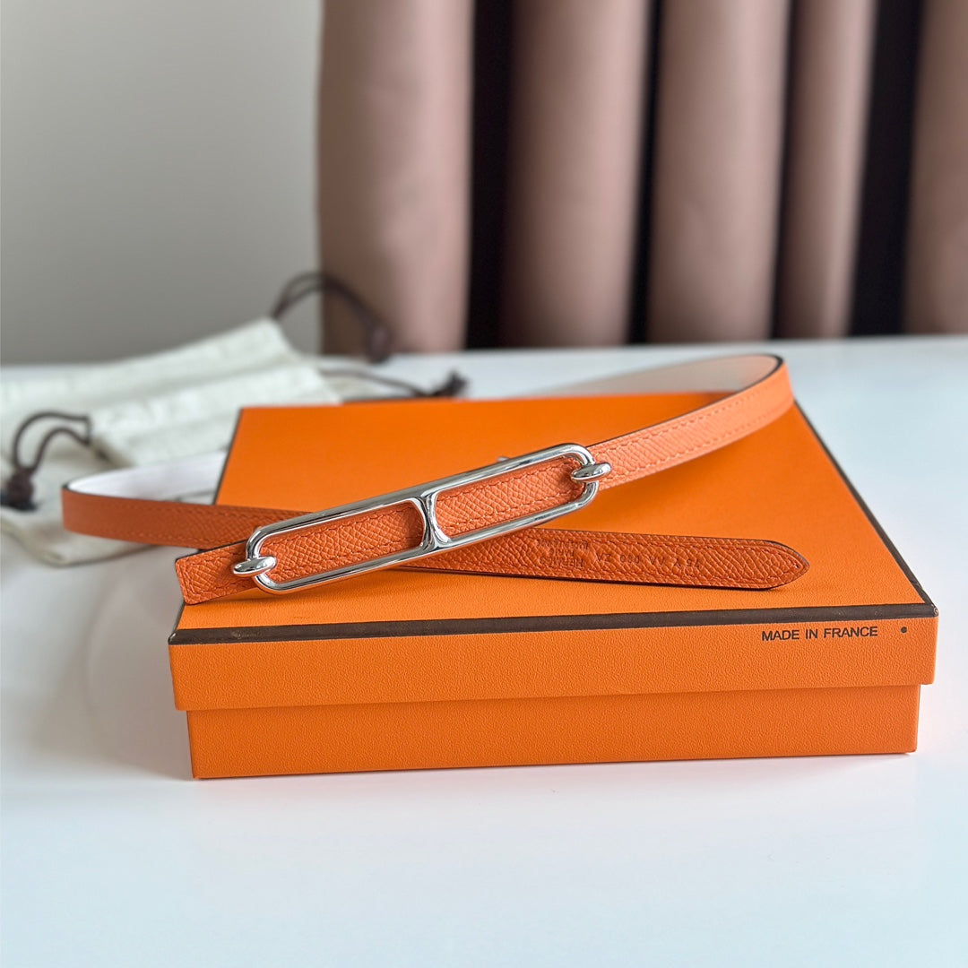 HM ROULIS BUCKLE & REVERSIBLE ORANGE AND WHITE LEATHER STRAP 13MM SILVER HARDWARE