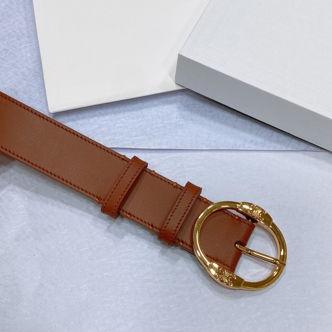 CL LARGE 35MM TWIN TRIOMPHE BELT IN BRONZE BROWN CALFSKIN GOLD HARDWARE