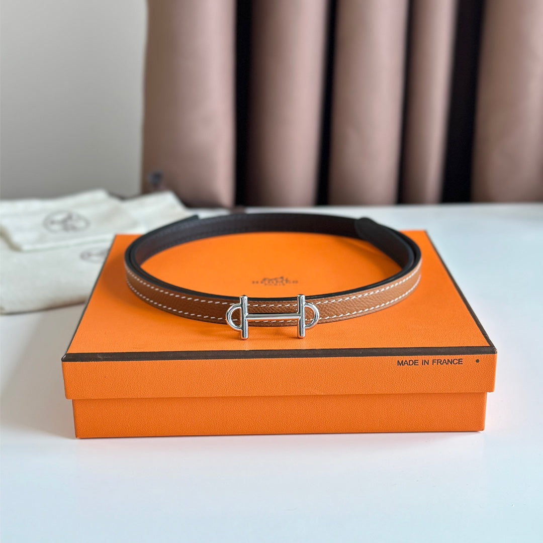 HM GAMMA BUCKLE & REVERSIBLE BRONZE BROWN AND BLACK LEATHER STRAP 13MM SILVER HARDWARE