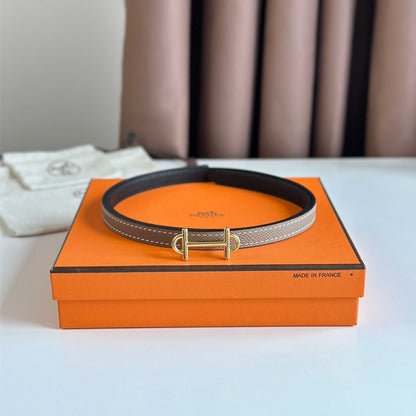 HM GAMMA BUCKLE & REVERSIBLE KHAKI BROWN AND BLACK LEATHER STRAP 13MM GOLD HARDWARE