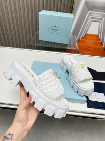 PRA THICK-SOLED CROCHET SANDALS WHITE WOVEN FABRIC