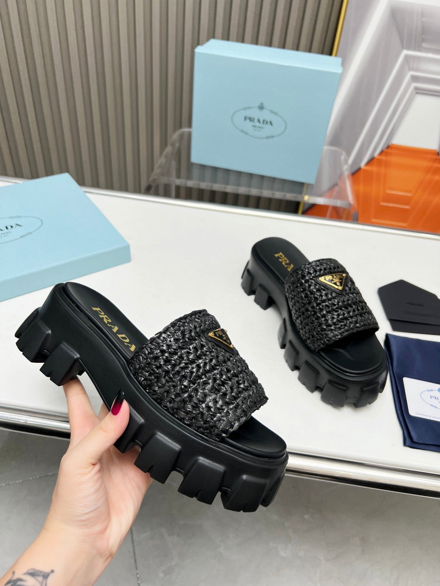 PRA THICK-SOLED CROCHET SANDALS BLACK WOVEN FABRIC