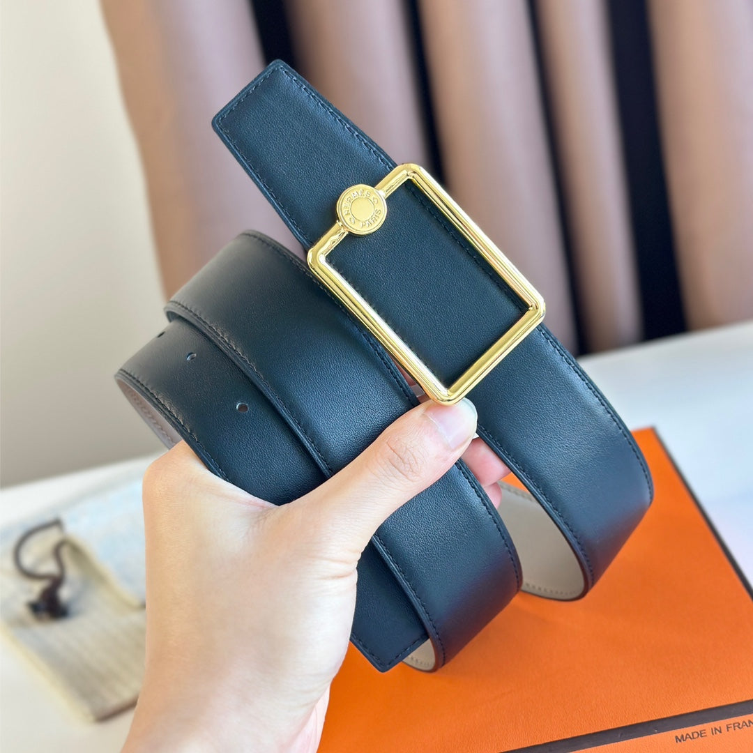 TUBE H BELT BUCKLE & REVERSIBLE KHAKI BROWN AND BLACK LEATHER STRAP 38MM GOLD HARDWARE