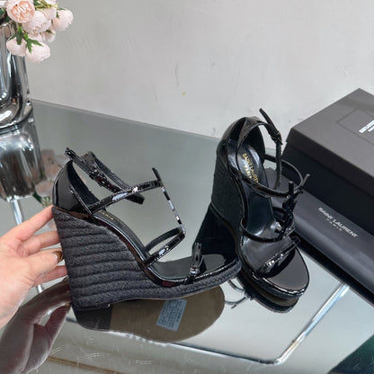 SL CASSANDRA WEDGE ESPADRILLES BLACK POLISHED CALFSKIN