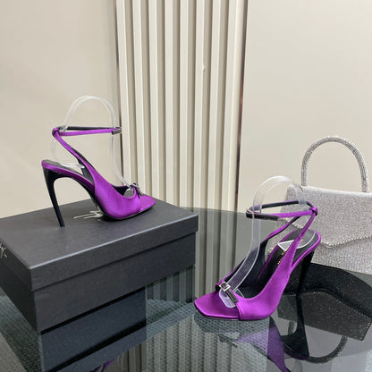 SL BUCKLE STRAP HEELED SANDAL SQUARE PURPLE SILK