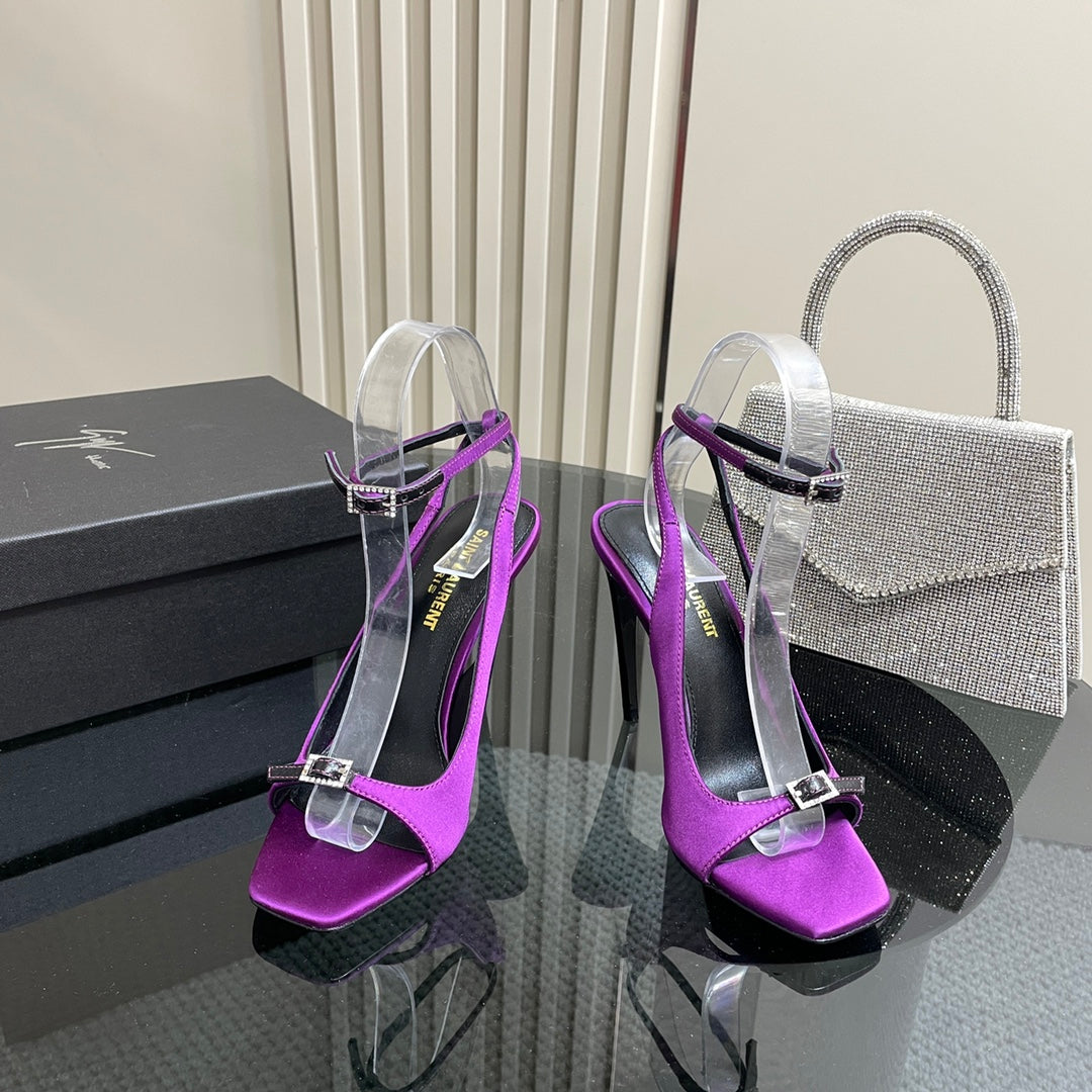 SL BUCKLE STRAP HEELED SANDAL SQUARE PURPLE SILK