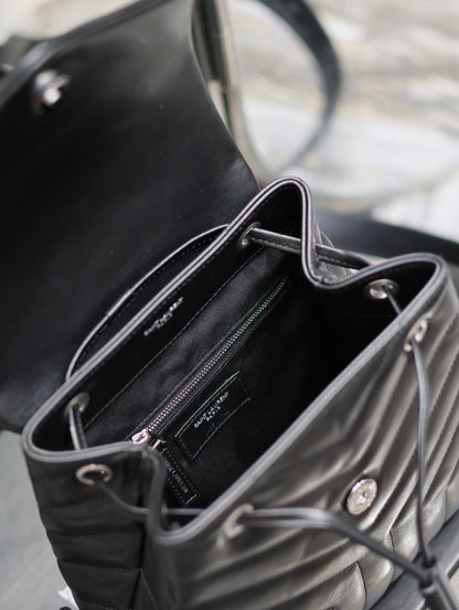 LOU BACKPACK 26 IN BLACK QUILTED CALFSKIN SILVER HARDWARE