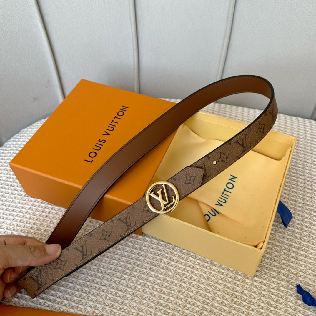 LV CIRCLE 25MM REVERSIBLE BELT MEDIUM BROWN MONOGRAM CALFSKIN GOLD HARDWARE