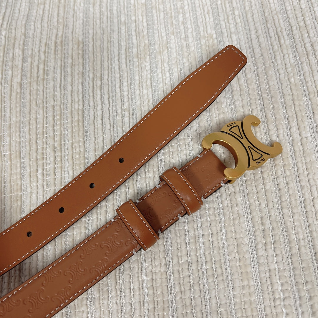 Medium Triomphe Belt 25mm Tan Calfskin White Line Finishing Gold Finishing