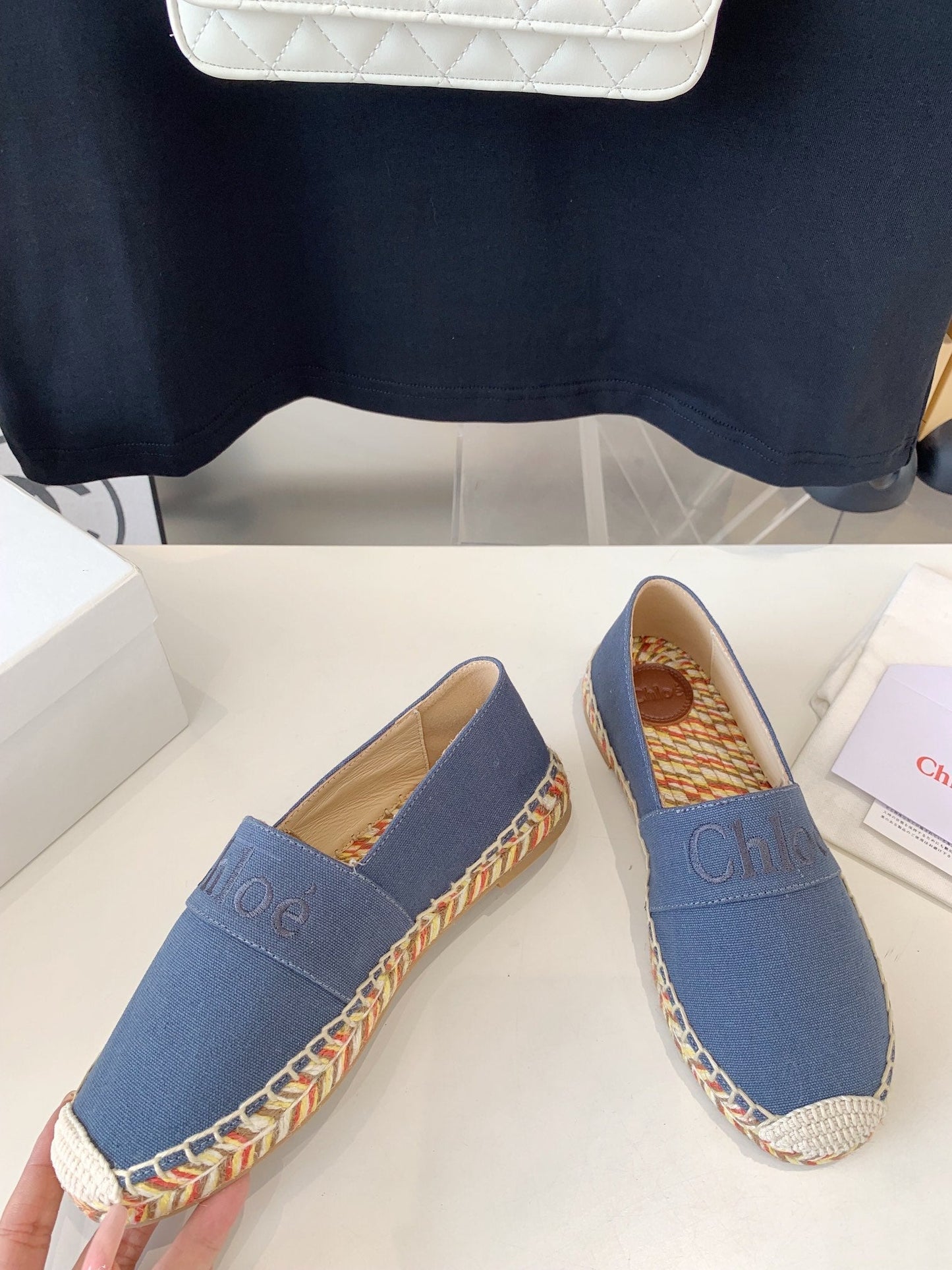 LOAFER SHOES IN PIGEON BLUE DENIM AND WOVEN RAFFIA