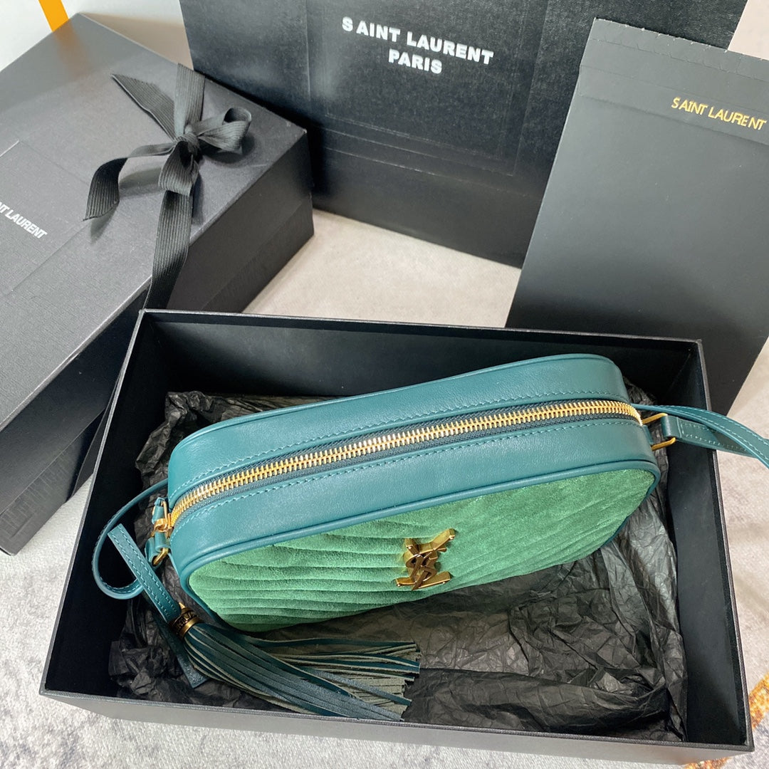 LOU CAMERA BAG 23 IN GREENISH SUEDE AND CALFSKIN TRIM