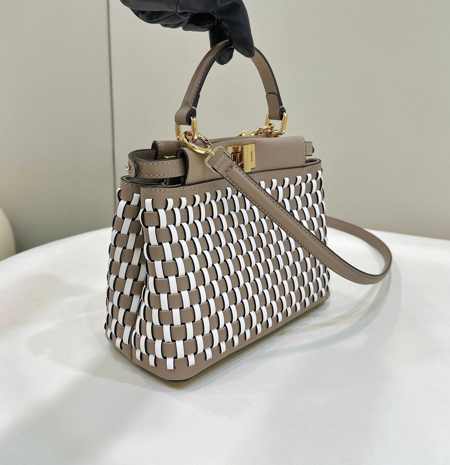 PEEKABOO 24 IN WHITE MIX BROWN INTERLACED CALFSKIN GOLD HARDWARE
