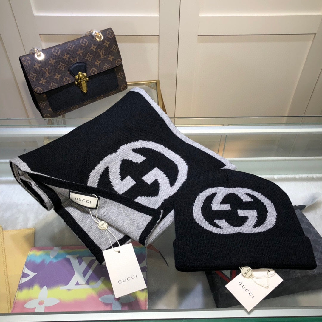SET HAT AND SCARF IN BLACK MIX LIGHT GRAY CASHMERE 946329