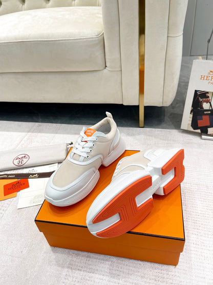 GIGA SNEAKER IN TAN BROWN STITCHED MESH AND WHITE CALFSKIN