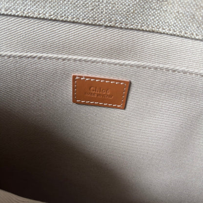 LAGRE WOODY TOTE BAG 45 IN BEIGE LINEN CANVAS WEBBING LOGO EMBROIDERY BROWN CALFSKIN