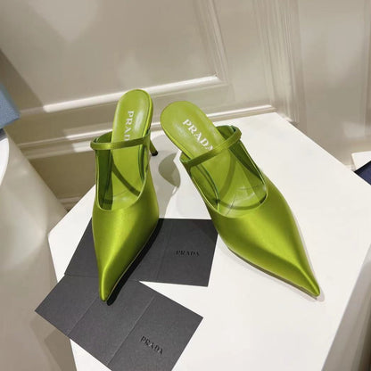 PRA HIGH-HEELED MULES PEAR SATIN