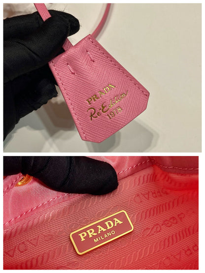 BUCKET BAG 19 IN CANDY PINK RE-NYLON AND SAFFIANO LEATHER HANDLE