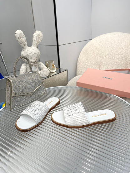 Slippers White Leather With Sedge Straps