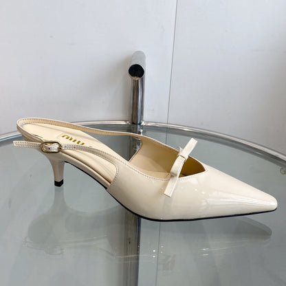 HIGH-SLINGBACK POINTED TOE SANDALS BEIGE COWHIDE WITH BOW