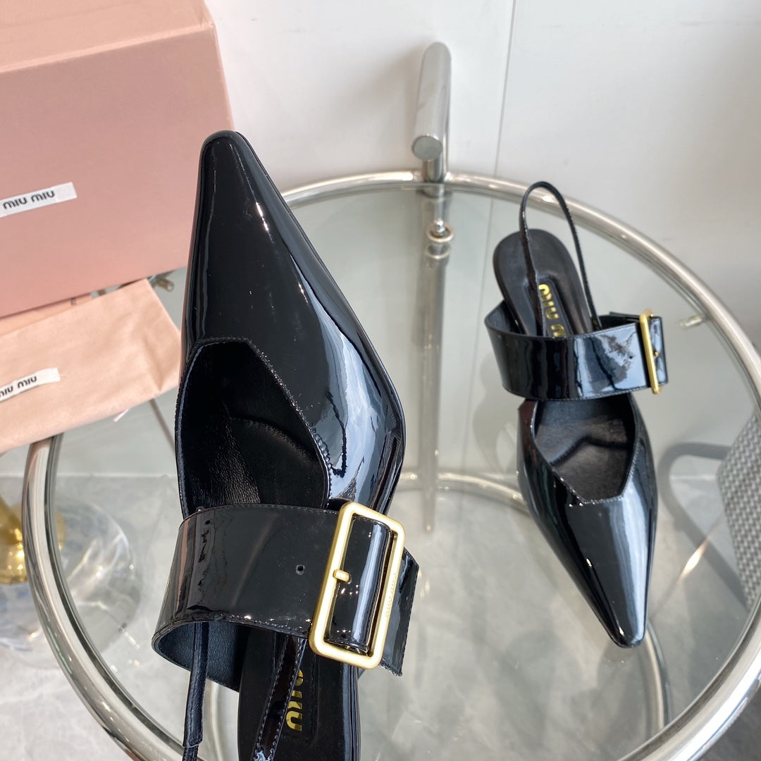 HIGH-SLINGBACK POINTED TOE SANDALS BLACK COWHIDE