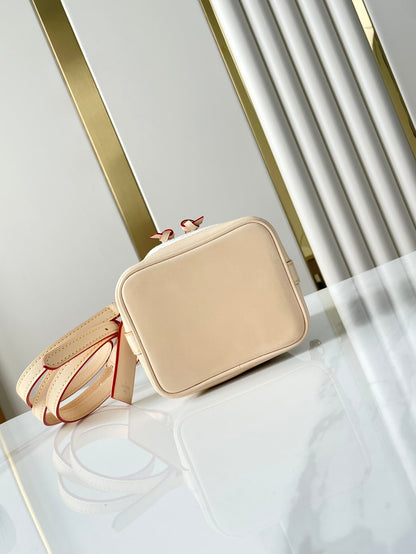 NANO NOÉ 16 IN WHITE MONOGRAM JACQUARD FABRIC AND BEIGE CALFSKIN TRIM