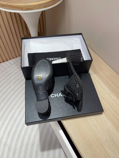 CC HIGH HEEL BLACK SATIN WITH RHINESTONES