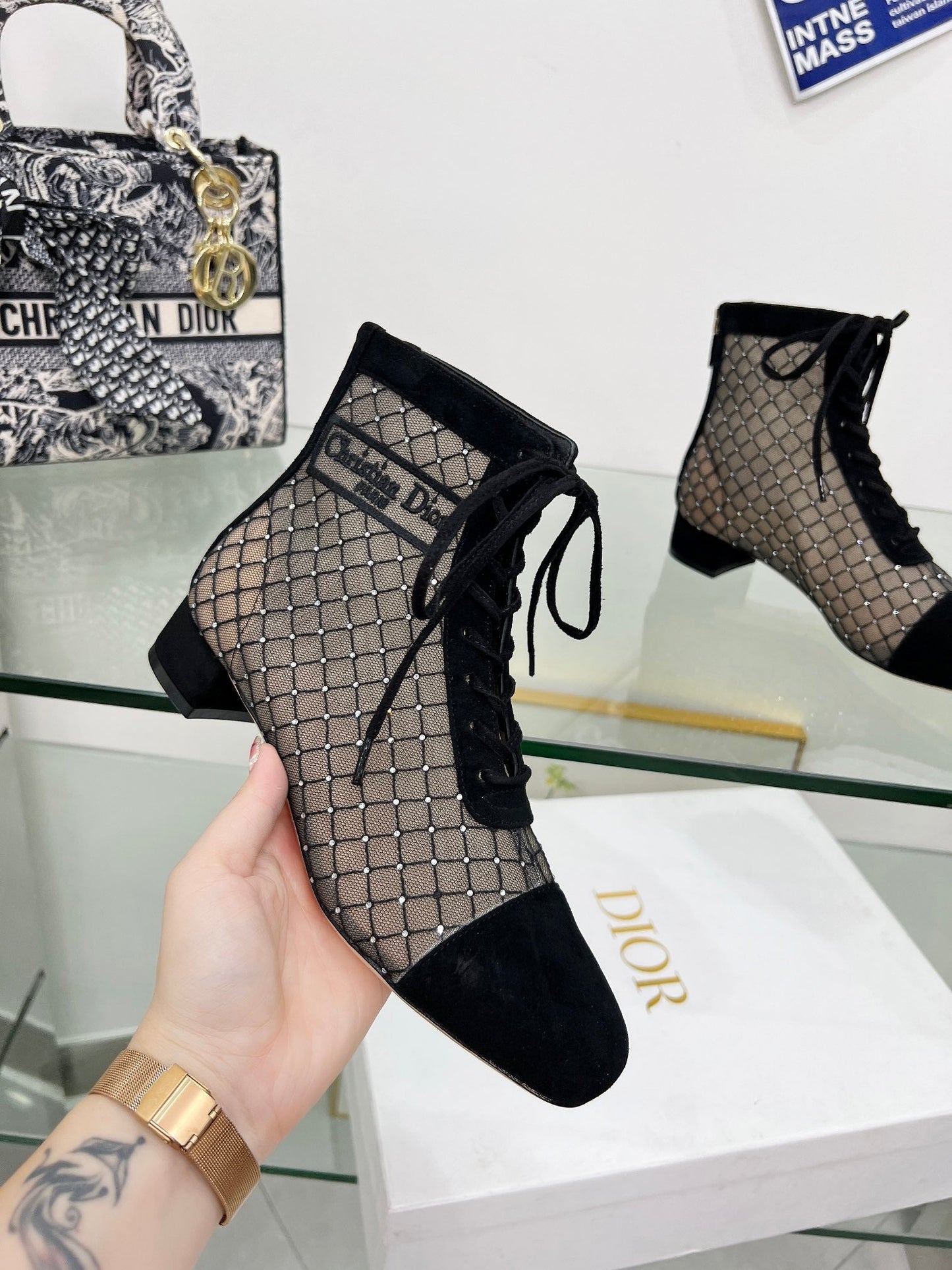 NAUGHTILY-D HEELED ANKLE BOOT IN BLACK EMBROIDERED MESH AND SUEDE 35 MM