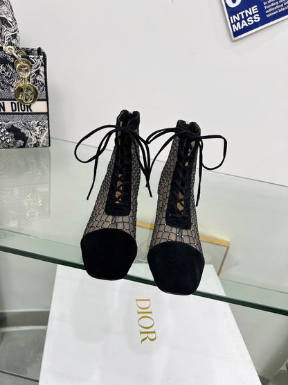 NAUGHTILY-D HEELED ANKLE BOOT IN BLACK EMBROIDERED MESH AND SUEDE 35 MM