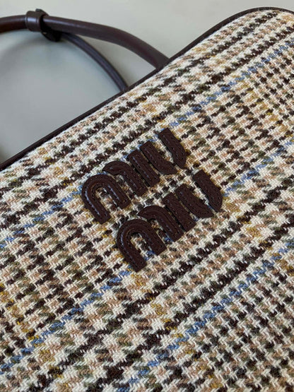 BEAU TOP HANDLE BAG 34 IN BEIGE TARTAN AND COCOA BROWN LEATHER TRIM