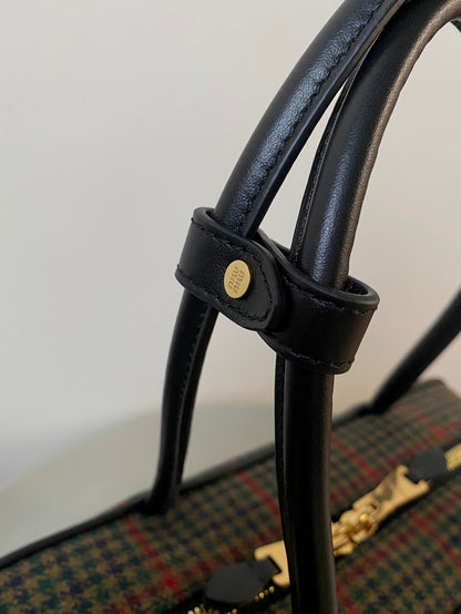 BEAU TOP HANDLE BAG 34 IN LODEN GREEN TARTAN AND BLACK LEATHER TRIM