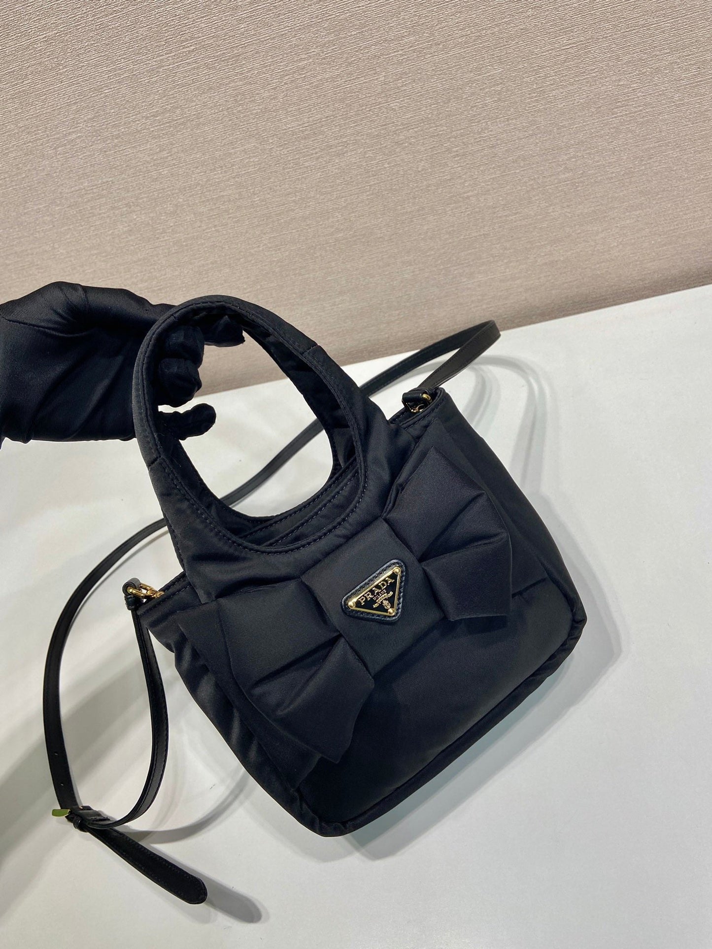 MINI BOW TOTE BAG 18 IN BLACK PADDED NYLON FABRIC