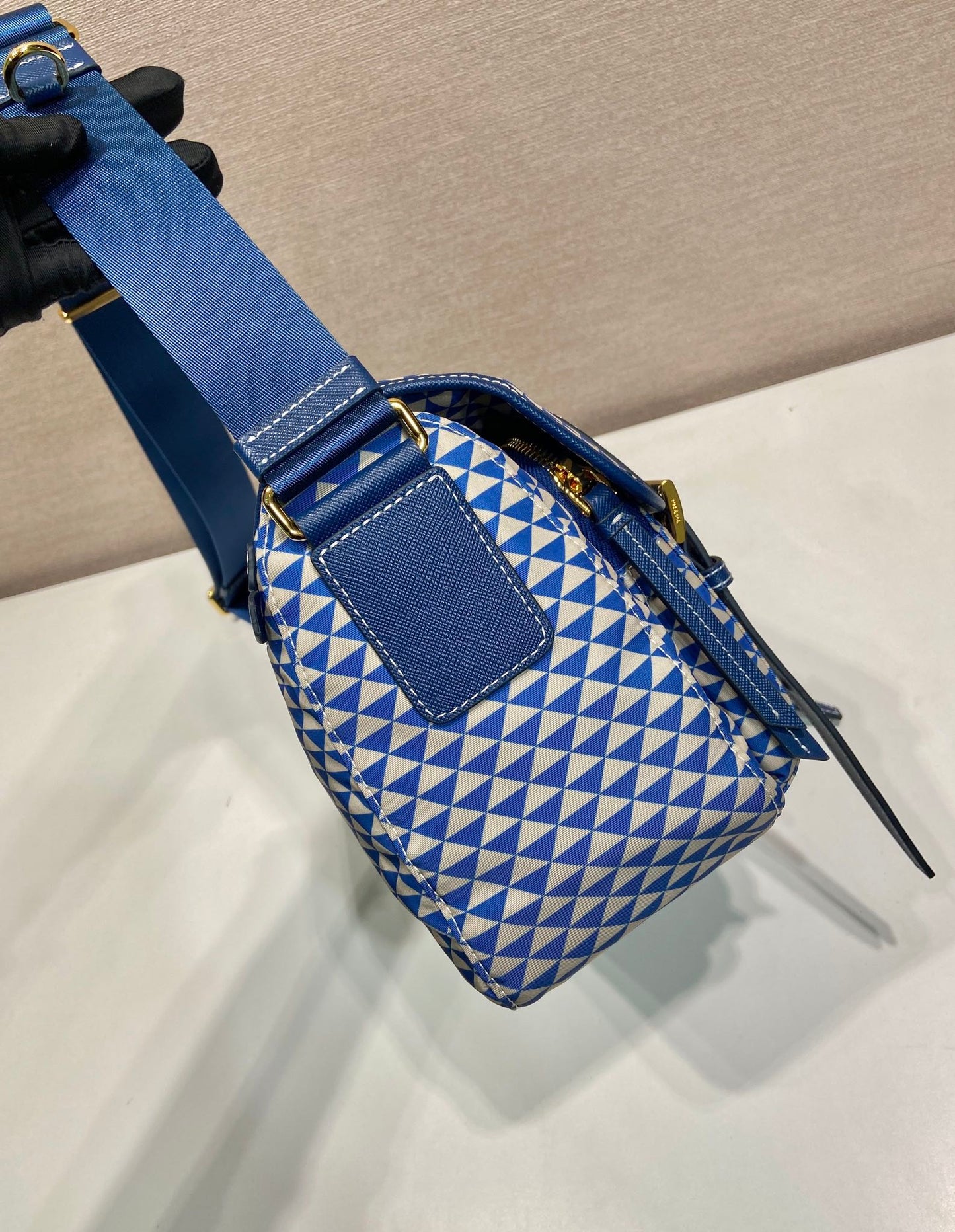 MESSENGER BAG 25 IN BLUE MIX WHITE TRIANGLE PATTERN EMBROIDERED FABRIC
