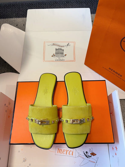 GIULIA FLAT SANDAL IN NEON YELLOW SUEDE
