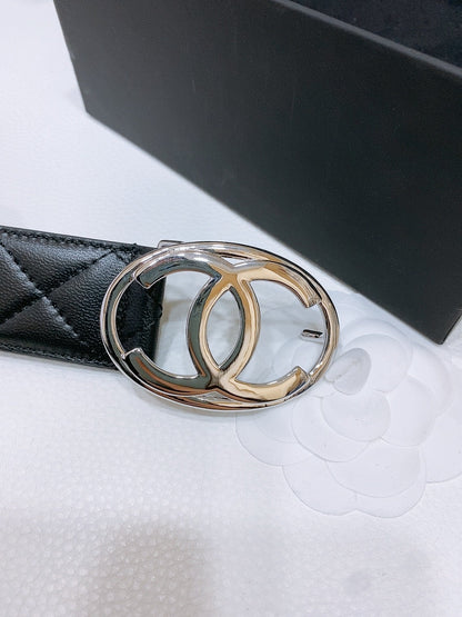 DOUBLE C BELT 38MM IN BLACK QUILTED LAMBSKIN WITH SILVER OVAL BUCKLE AND CENTERED LOGO