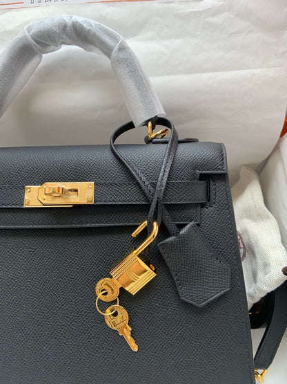 HERM Kelly, 25cm, Noir, Epsom