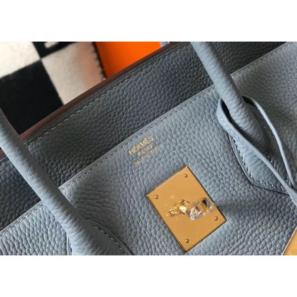 HERM Birkin 35cm Bag In Blue Lin Clemence Leather GHW