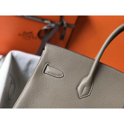 HERM Birkin 35cm Bag In Gris Tourterelle Clemence Leather GHW