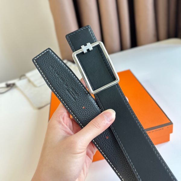 HERM Tube H Reversible Belt 38MM in Black Clemence Leather