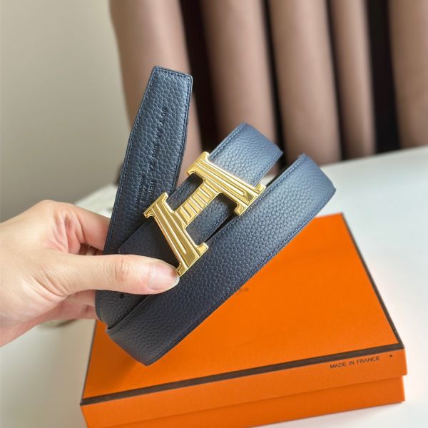 HERM H Take Off Reversible Belt 32MM in Dark Blue Clemence Leather