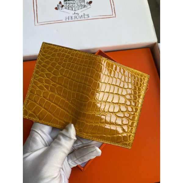 HERM MC¬≤ Euclide Card Holder in Jaune Ambre Shiny Alligator Leather