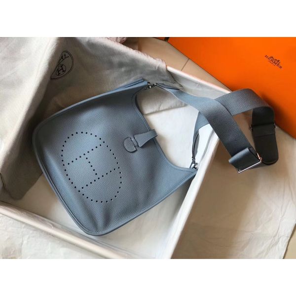 HERM Evelyne III 29 PM Bag In Blue Lin Clemence Leather