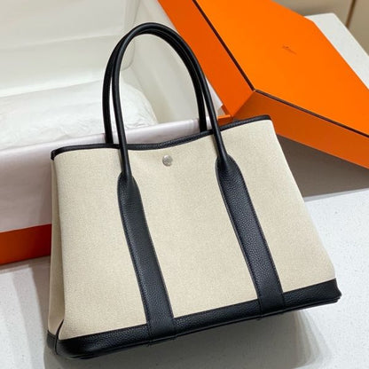 HERM Garden Party 36cm Bag in Toile and Black Leather