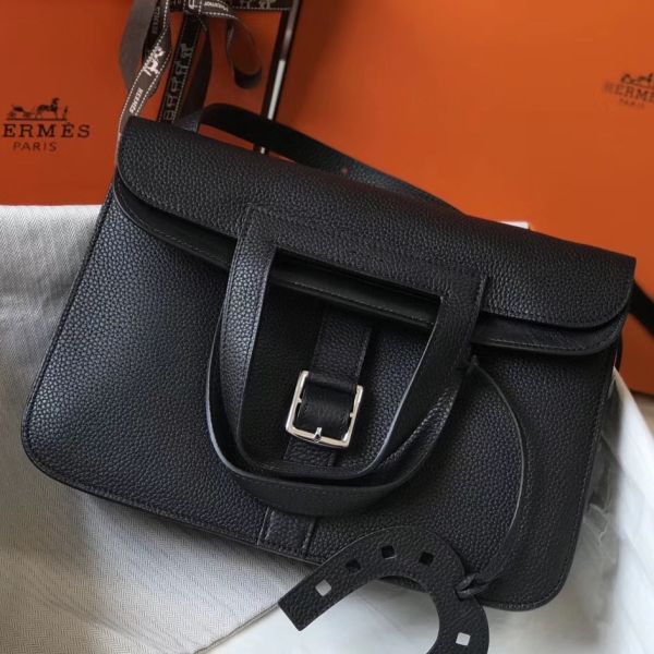 HERM Halzan 31cm Bag In Black Clemence Leather