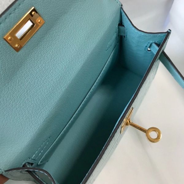 HERM Kelly Mini II Bag In Blue Atoll Embossed Crocodile Leather
